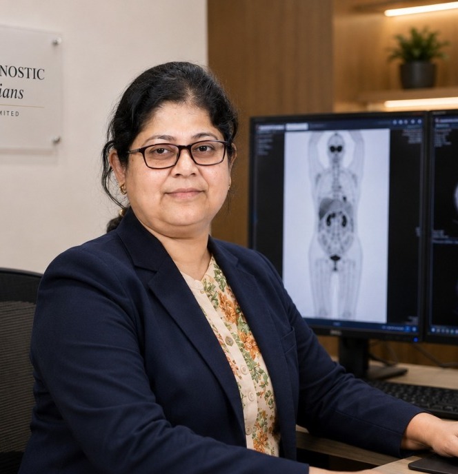 Dr. Ishita B. Sen reviewing a PET-CT study for the Second Opinion Service at FMRI Gurugram.