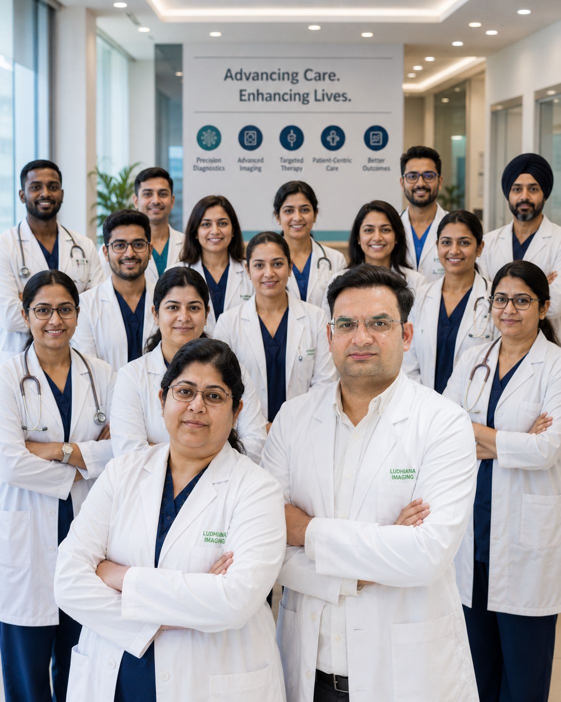 Dr. Ishita B. Sen and Dr. Dharmender Malik with the nuclear medicine team at FMRI Gurugram.