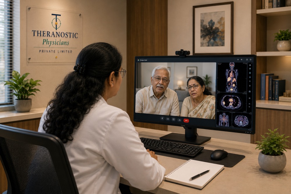 Nuclear medicine physician conducting an online consultation and reviewing PET CT images from a hospital telehealth room.