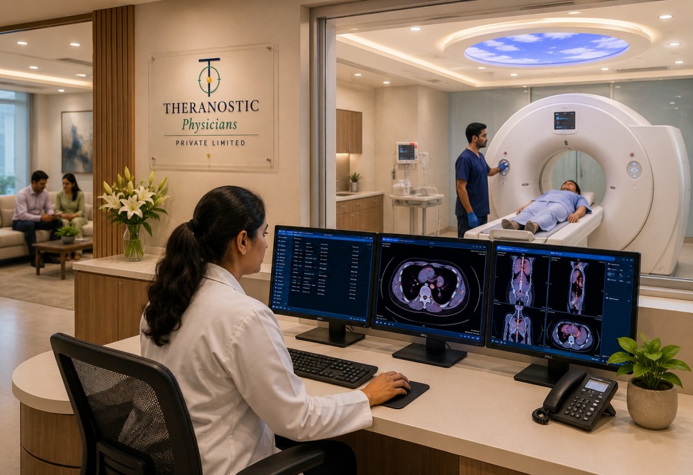 Patient undergoing PET-CT scan while nuclear medicine staff review diagnostic images in a hospital control room.