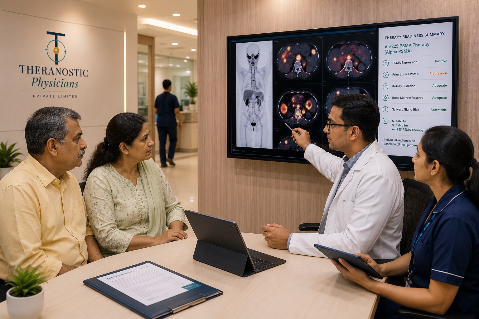 Nuclear medicine team preparing Ac-225 PSMA alpha therapy in a controlled hospital therapy area.