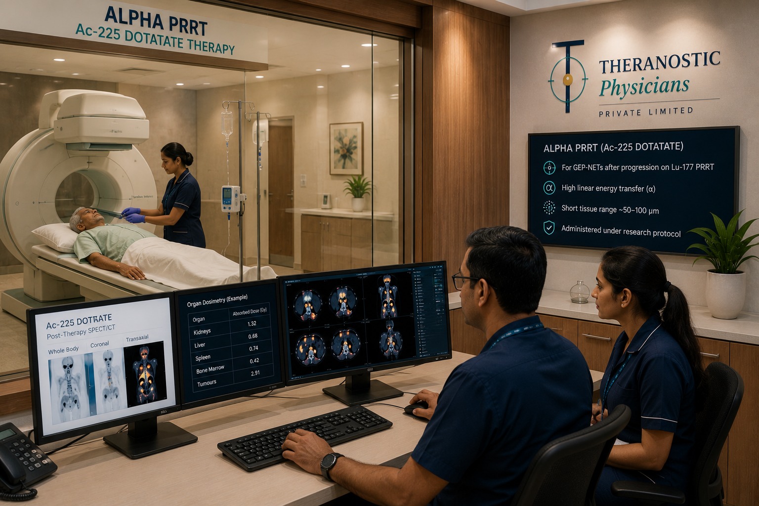 Nuclear medicine team reviewing post-therapy imaging after Ac-225 DOTATATE Alpha PRRT for neuroendocrine tumours.