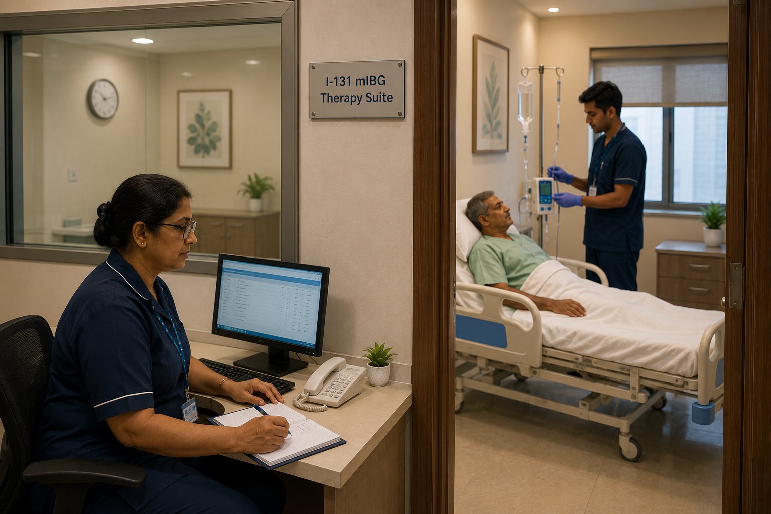Patient in a supervised inpatient suite for I-131 mIBG therapy with nuclear medicine staff monitoring care.