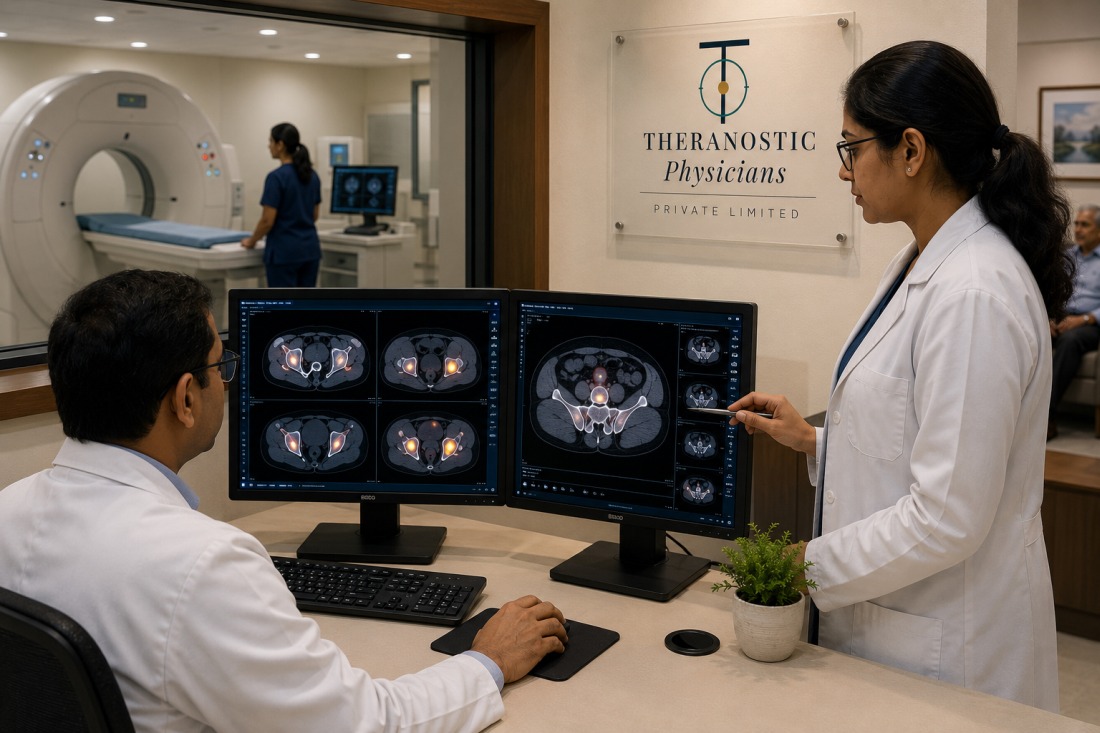 Nuclear medicine team reviewing skeletal imaging before Ra-223 therapy for bone-metastatic prostate cancer.