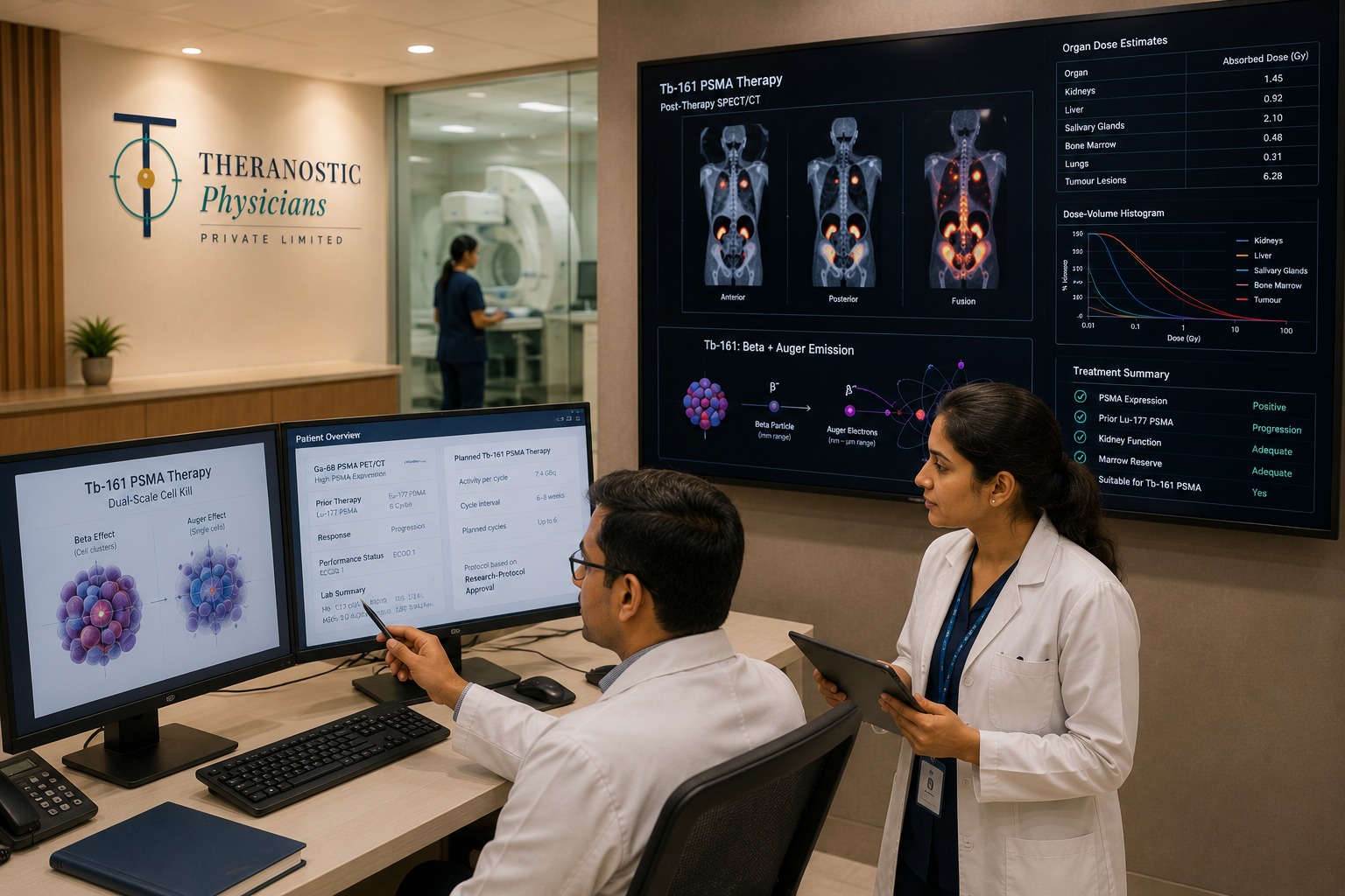 Nuclear medicine team reviewing Tb-161 PSMA dosimetry and post-therapy imaging in a hospital setting.
