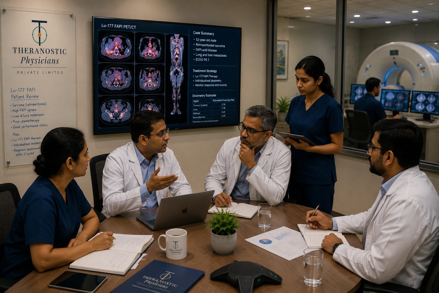 Nuclear medicine team reviewing FAPI PET CT imaging for Y-90 FAPI therapy in bulky tumour disease.