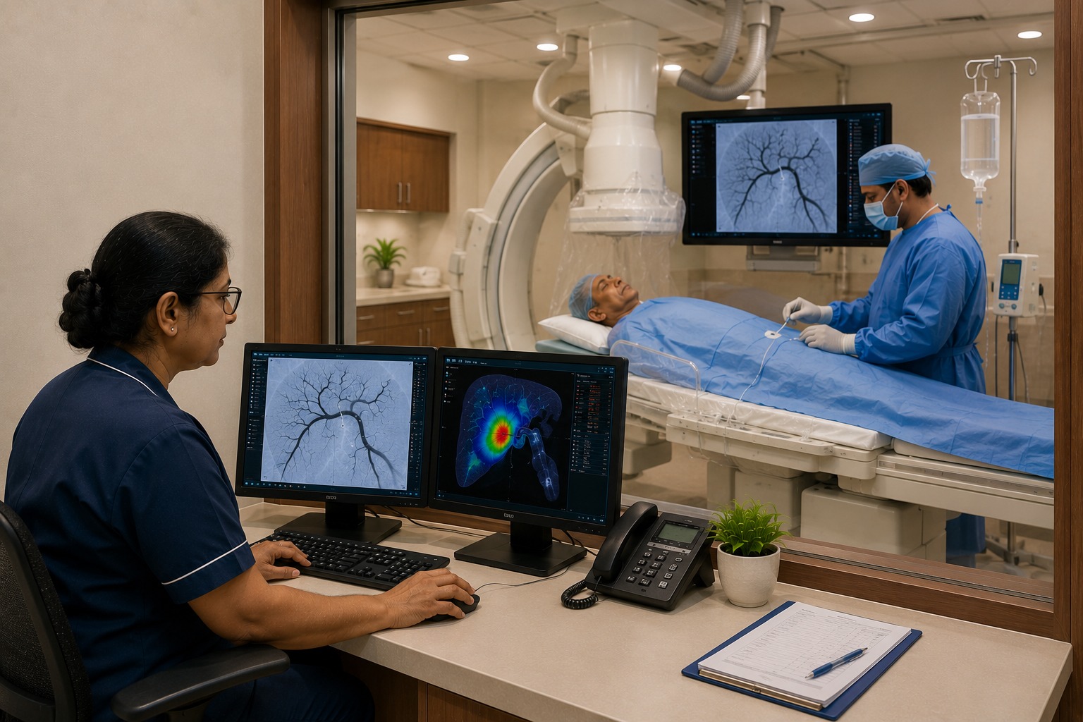 Patient undergoing Y-90 TARE liver-directed radioembolisation in an interventional radiology suite.